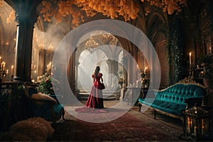 Scarlet Symphony, A Vivacious Woman Enraptured in the Elegance of a Crimson Gown Amidst an Enigmatic Space photo