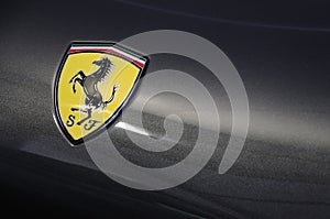 Scarperia Florence, Italy - March 2018 : Detail of Ferrari Logo on Sport Car in the paddock of Mugello Circuit.