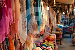 scarves with fringes swaying on a breeze in an openair market