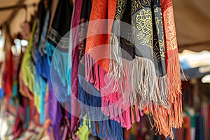 scarves with fringes swaying on a breeze in an openair market