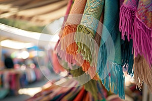 scarves with fringes swaying on a breeze in an openair market