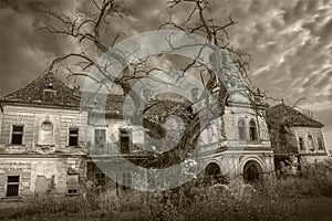 Scary abandoned halloween palace black white