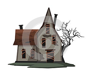 Scary Abandoned House, Halloween Haunted Cottage with Boarded Up Windows and Creepy Tree Vector Illustration on White