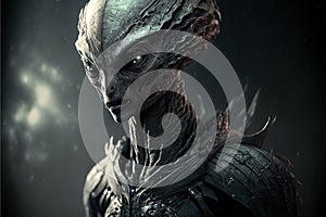 Scary alien from deep space, portrait of grey extraterrestrial humanoid, generative AI