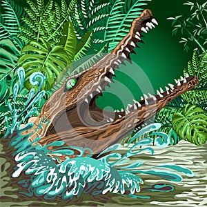 Crocodile Alligator Attack coming out from the Rainforest River Vector illustration photo
