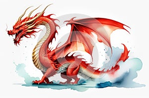 scary ancient asian red dragon with claws and wings, watercolor illustration on white background