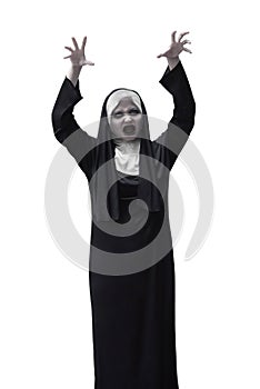 Scary asian nun raise up hand want to scare