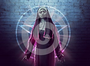 Scary asian nun showing spell power