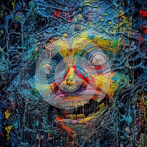 Scary backdrop with human face, colorful surreal psychedelic. Generative AI