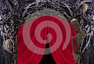 scary background with skeleton, skulls, red theater curtain, halloween concept, time passed, end of life, Abstract concept