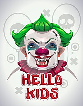 Scary bad clown face. Creepy circus illustration for t-shirt design.