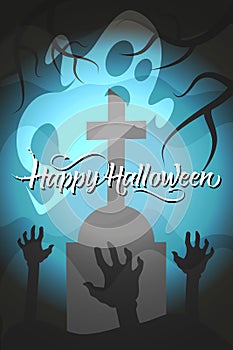 Scary banner with zombie hands and a ghost on background. Happy Halloween banner or card vector illustration.