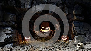 Scary big pumpkin monster in a cave inside a mountain, Halloween. 3d render