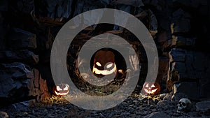 Scary big pumpkin monster in a cave inside a mountain, Halloween. 3d render