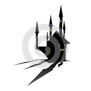 Scary black castle with shadow isolated on white background. Vector illustration for Halloween