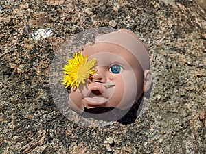 scary and broken doll face with one blue eye and a yellow dandelion instead of another