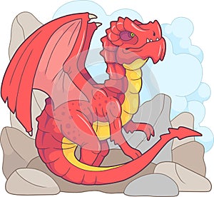 Scary carnivorous dragon went hunting, funny illustration