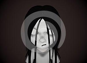 scary cartoon character horror girl with black hair 3d-rendering