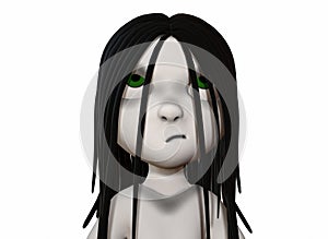 scary cartoon character horror girl with black hair 3d-rendering