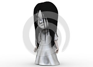 Scary cartoon character horror girl with black hair 3d-rendering