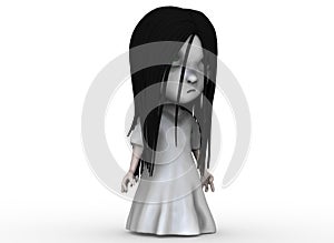 Scary cartoon character horror girl with black hair 3d-rendering