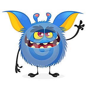 Scary cartoon monster gremlin with a big mouth waving hand. Halloween vector illustration.