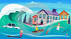 Scary Cartoon People Water Overflow Tsunami Wave