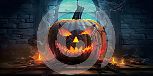 Scary carved glowing pumpkin. Horror banner or greeting card with Halloween holiday