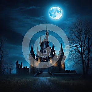 Scary castle at haunted place on Dark scene with Gothic gloomy palace in full content