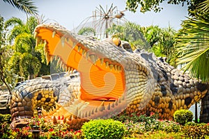 Scary Chalawan crocodile statue at Bueng Si Fai, the public park with lake at Muang district, Pichit province, Thailand. Chalawan