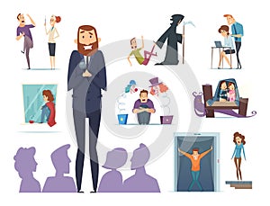 Scary characters. Various fears of people nervous panic characters with expression faces phobia vector scary persons photo