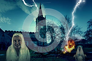 Scary Church Graveyard with Lightning And Ghost