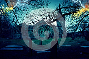 Scary Church Graveyard With Lightning Strikes