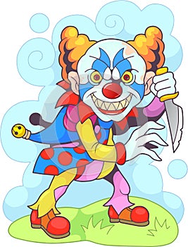 Scary clown monster with knife, funny illustration