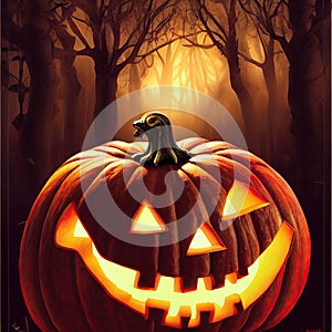 Scary creepy Happy Halloween pumpkin on forest night background. 3D illustration.