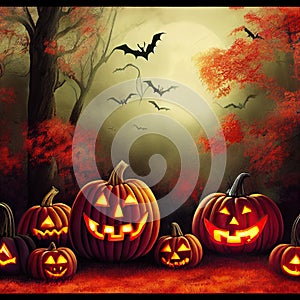 Scary creepy Happy Halloween pumpkins night background. 3D illustration.