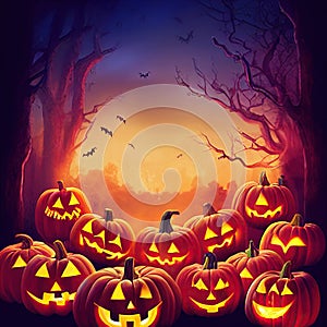 Scary creepy Happy Halloween pumpkins purple night background. 3D illustration.