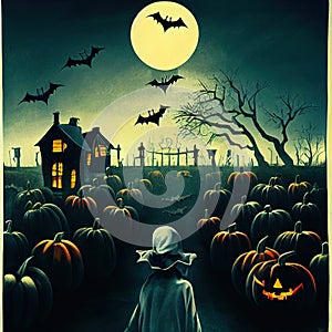 Scary creepy Happy Halloween pumpkins night scene background. 3D illustration.