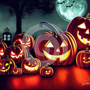 Scary creepy Happy Halloween pumpkins night scene background. 3D illustration.