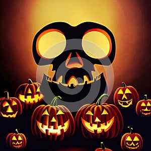 Scary creepy Happy Halloween skull monster on pumpkins background. 3D illustration.