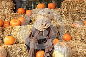 Scary creepy scarecrow with with a bag of straw for a head in overalls sit on stack of hay or straw with many orange pumpkins