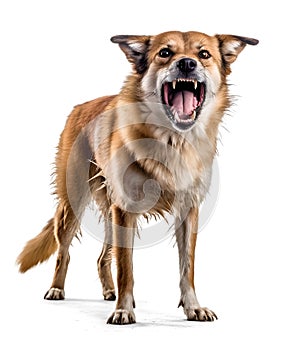 scary dangerous rabid dog with open mouth on isolated background