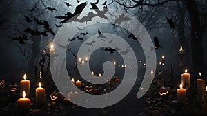 Scary dark halloween background, pumpkins candles and crows, scary forest