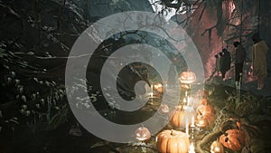 Scary dark mysterious forest with glowing pumpkins. Halloween horror concept. The Halloween Background is perfect for