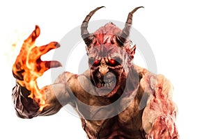 A scary demon with a burning hand isolated on a white background