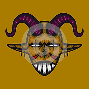 scary devil illustration with purple horns and long ears. handrawn, mascot, scary, colors and details style