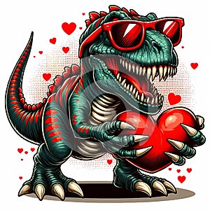 SCARY dinasour carries a heart and wearing red sunglasses, illustration