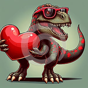 SCARY dinasour carries a heart and wearing red sunglasses, illustration