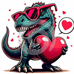 SCARY dinasour carries a heart and wearing red sunglasses, illustration