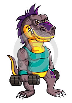 Scary Dinosaur character with dumbbell weights pose
